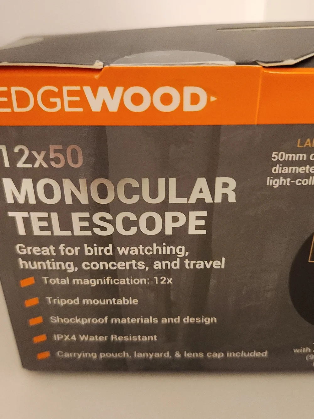 Edgewood 12x50 Monocular Telescope in Black and Orange Accents